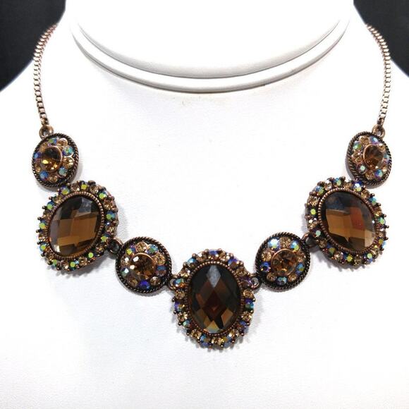 Vintage Topaz Aurora Borealis Rhinestone Copper Tone Choker Necklace 16” - Picture 1 of 9